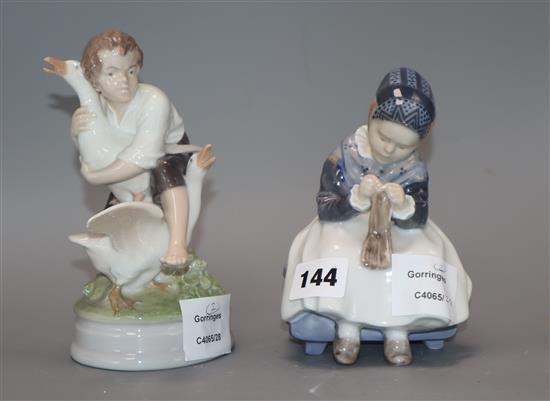 Two Royal Copenhagen figures: Goose Thief, 2139 and Amager Girl Knitting, 1314